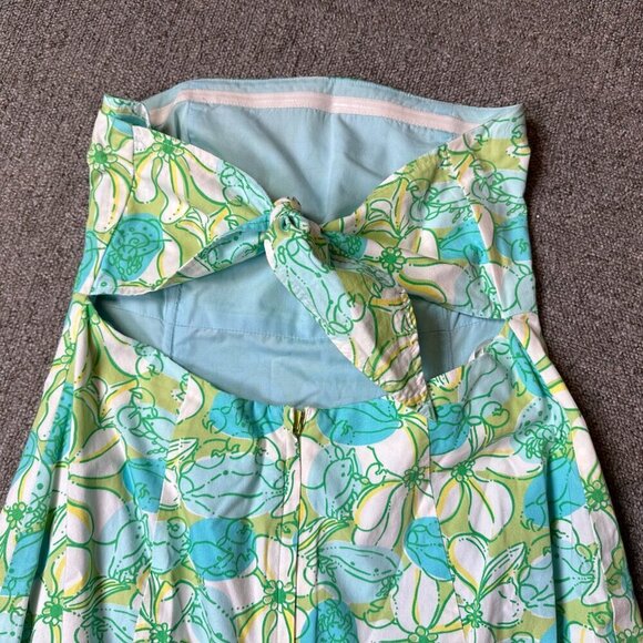 Lilly Pulitzer Strapless Blue Green Floral Tie Back Cotton Summer Dress Size 8 - Picture 5 of 6